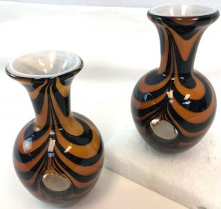 Vintage Pair 7 " Black Orange Amber Black Blown Studio Art Glass View Bottom Vase