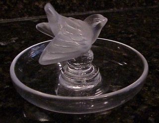 Signed " Lalique " France Frosted Glass Song Bird Trinket Jewelry Pin Ring Dish