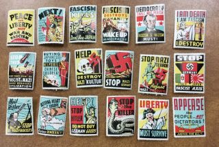 18 Us Ww2 Patriotic Propaganda Labels Poster Stamps Anti: Fascism,  Nazism,  Japan