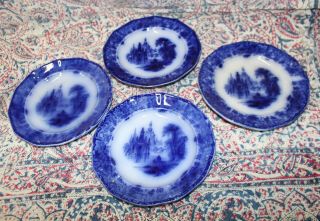 4 Antique Victorian Flow Blue Plates Gothic S.  F.  & Co.  Cobalt Blue