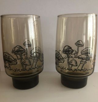 2 Vtg Libbey Tawny Accent Brown Raised Mushroom Water Drinking Glass Mid Century