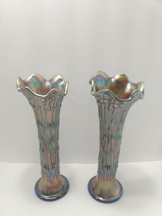 Fenton Carnival Glass Vase Pair,  April Showers Blue 11 Inch Tall,  Swung Vase