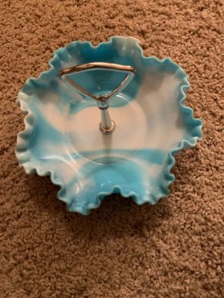 Fenton Blue Hobnail Bowl With Handle And White Milk Glass Swirls.