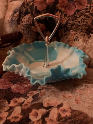 Fenton Blue Hobnail Bowl with Handle and White Milk Glass Swirls. 3