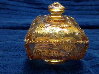 Rare Westmoreland Beaded Edge Honey Amber Carnival Glass Square Lid Candy Dish