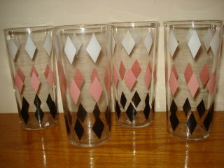4 Vtg Black White Pink Diamond Pattern Drinking Glasses Tumblers Hazel Atlas