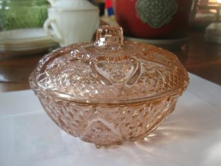 Antique Vintage Pink Depression Glass Candy Dish With Lid Roses In Hearts