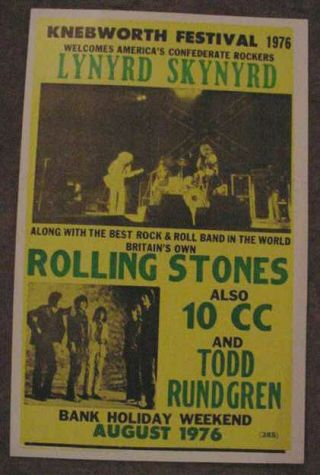 Lynyrd Skynyrd 1976 Concert Poster Knebworth 70s Ronnie Van Zant Uk England Rock