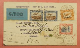 1932 South West Africa First Flight Airmail Windhoek Registered To Bombay India