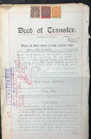 Rhodesia 1907 Bsac Deed Of Transfer Document £1,  10/ -,  5/ - Revenues 