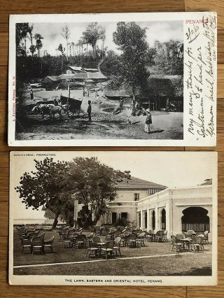 2 X Straits Settlements Old Postcard Malaysia Lawn Hotel Penang To England