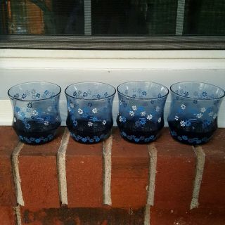 Set Of 4 Vintage Libbey Blue Glass Tumblers With Blue & White Flowers 8 Oz.