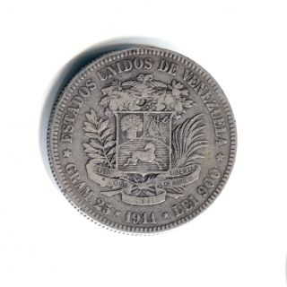 Venezuela 1911 5 Bolivar Silver Coin 0.  900 25g