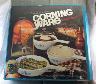 Vintage Corning Ware Blue Cornflower Menu - Ette Set W/ Box P - 100