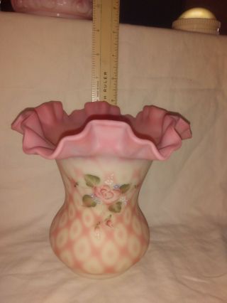 Fenton Hand Painted Burmese Vase Pink And Diamond Scollup Signed C.  Smith 6 " Tall