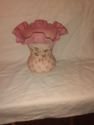 Fenton Hand Painted Burmese Vase Pink And Diamond Scollup Signed C.  Smith 6 