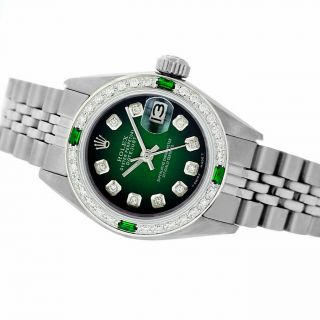 Rolex Womens Watch Datejust 6917 Steel Green Vignette Diamonds /emeralds In Gold