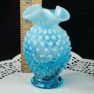 Vintage Fenton Hobnail Blue Opalescent Crimped Edge Miniature Vase 3.  75 "