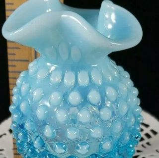 Vintage Fenton Hobnail Blue Opalescent Crimped Edge Miniature Vase 3.  75 