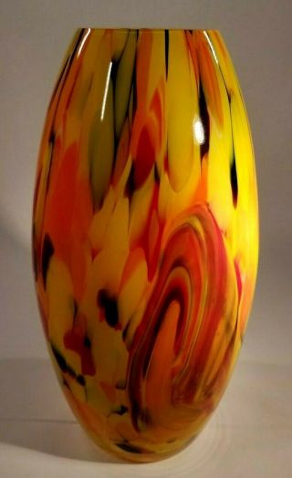 Polish Hand Blown Cased Glass Vase Orange Red Black Yellow Coloration