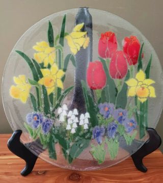 Peggy Karr Spring Flowers 14 " Large Round Platter Plate Fused Glass Tulip Crocus