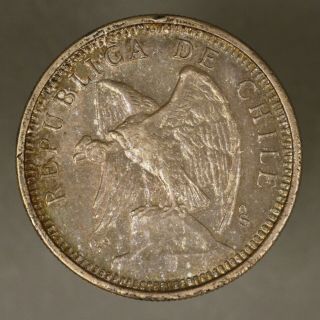 Chile 1927 Silver 5 Peso Details Very Colorful Light Rim Bump