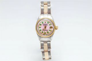 $8000 18k Yellow Gold Ss Rolex Datejust Pink Emerald Diamond Ladies Watch Box