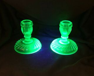 Green Vaseline Glass Candle Holders Glowing Uranium Swirl Base