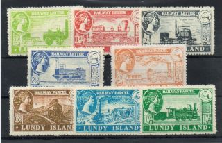 Gerald King Lundy Isle Set Of 8 Single Coloured Railway Stamps U/m Lot E56
