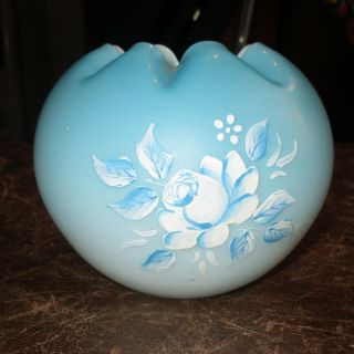 Vintage Fenton ? Light Blue Cased Glass Rose Bowl Hand Painted Rose & Pontil