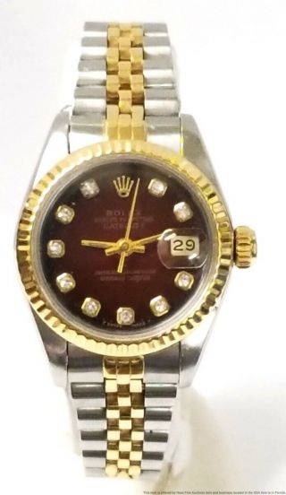 18k Gold Ss Ladies Rolex Datejust Quickset Vignette Diamond Dial 69173 Watch
