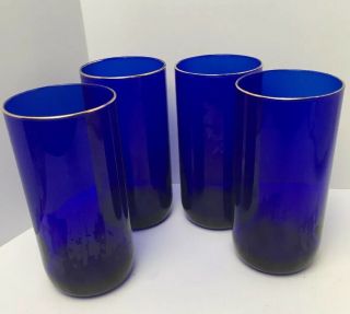 4 Vintage Libbey Cobalt Blue Gold Rim Drinking Tall Glasses