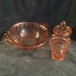 Antique Patterned Pink Depression Glass,  9 " Bowl,  And Sugar & Creamer,  U
