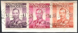 Southern Rhodesia Revenue 1937 £1,  £20 & £50 On Piece,  Barefoot 21,  25,  26