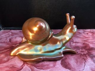 Zsolnay Hungary Eosin Iridescent Beige Gold Green Snail Figurine