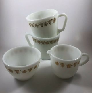 Corning Ware Sugar Bowl & Creamer,  2 Coffee Cups Butterfly Gold Vintage