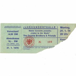 Doobie Brothers & Snafu Concert Ticket Stub Frankfurt 1/21/74 The Captain & Me