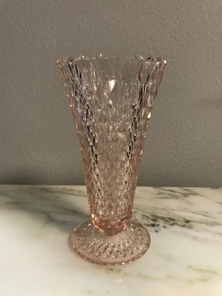 Vintage 7 3/4 " Pink Pressed Depression Glass Vase Diamond Cut Pattern