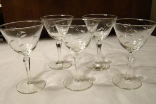 Vtg Set Of 5 Etched Cut Glass Elegant Martini Cocktail/sherbet Glasses