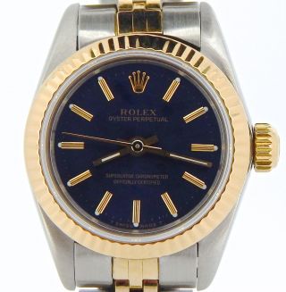 Ladies Rolex 2tone 18k Gold/stainless Steel Oyster Perpetual Watch Blue 67193