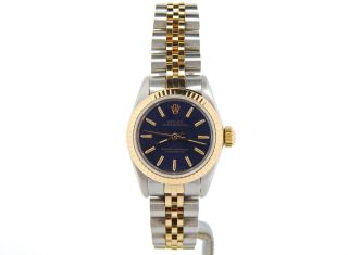 Ladies Rolex 2Tone 18k Gold/Stainless Steel Oyster Perpetual Watch Blue 67193 2