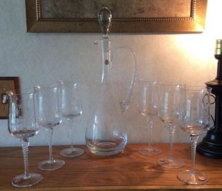 Vintage Made In Roumania Floral Etched Glass And Decanter And 6 Wine Glasses 17 "