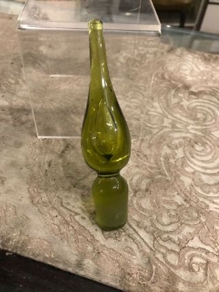 Vintage Antique Mid Century Modern Green Glass Genie Bottle Stopper 5 1/2”