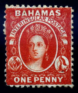 Bahamas.  1863.  1d.  Vermilion.  Sc 12.  Sg 25.  Wmk Cc.  Perf 12 1/2.  Ogh.  Pin Hole