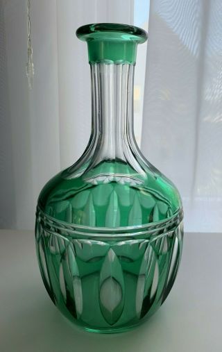 Vintage Czech Bohemian Emerald Green Cut To Clear Decanter No Stopper