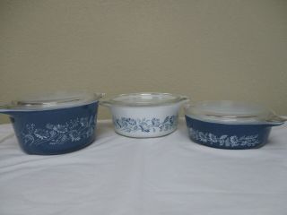 Set Of 3 Pyrex Colonial Mist Blue Floral Casserole Dishes W Lids 471 - 472 - 473