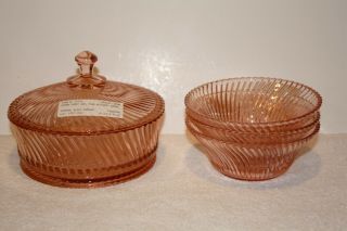 Diana Pink Candy With Lid And (3) 5 " Cereal Bowls