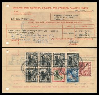 Malta 1949,  Barclays Bank Document With Postage Stamps As Revenues E625