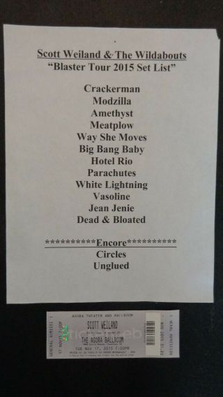 Scott Wiland And The Wildabouts " Blaster Tour " 2015 Stage Set List.  Clevela