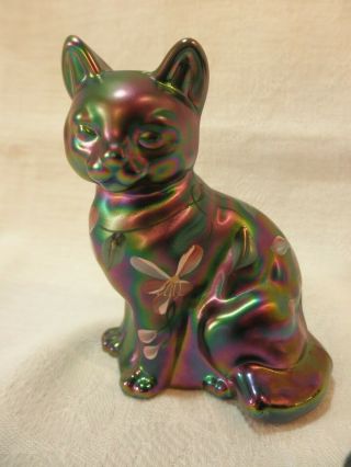 Fenton Hand Painted Blue Carnival Iridescent Art Glass Cat Signed